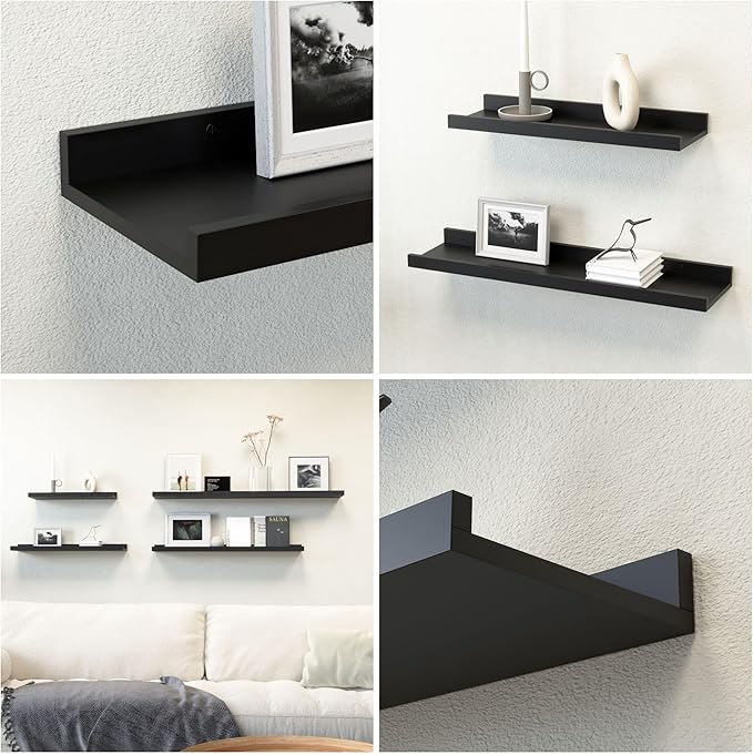 47.2 Inches Long Floating Shelves Wall Mounted, 2 Set Modern Wall Shelf for Bedroom, Nursery Book Shelf with Lip, Picture Ledge Shelf for Decor Living Room Bathroom Kitchen - Black