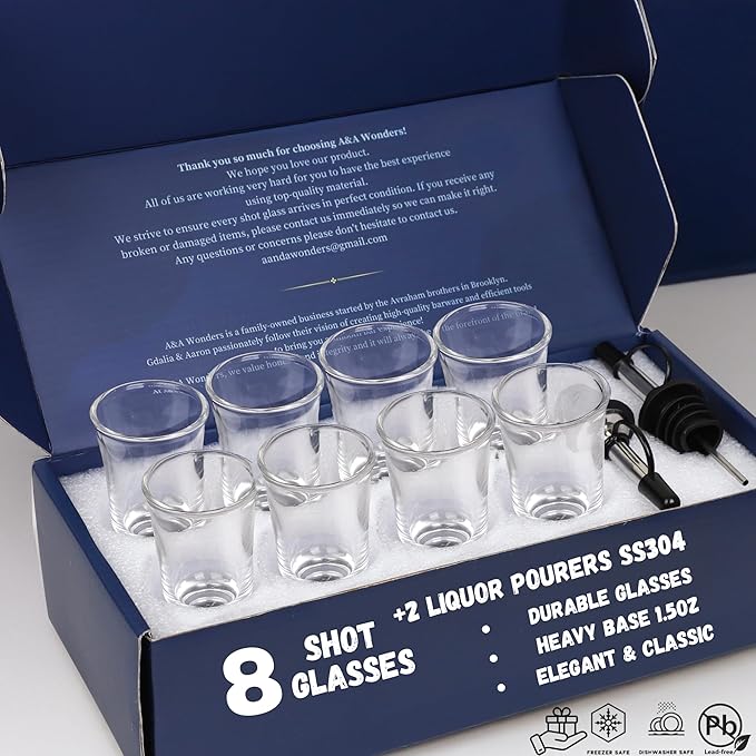 A&A Wonders 1.5 Oz Shot Glasses Set Of 8 With Heavy Base - Shot Glass Set, Weighted shotglass - For Vodka Tequila Shot Glasses Gift Box (Set of 8)