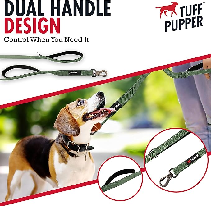 Tuff Pupper Heavy Duty Double Handle Leash with Twist Lock Carabiner Clip | Safety Lock for Strong Dogs | Reflective for Night Walks | 6ft for Medium & Large Dogs