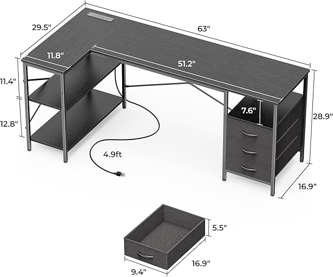 Huuger L Shaped Desk with Power Outlets, 63 Inch Reversible Computer Desk with 3 Drawers and Shelves, Home Office Table for Corner Work Study Writing Gaming, Black