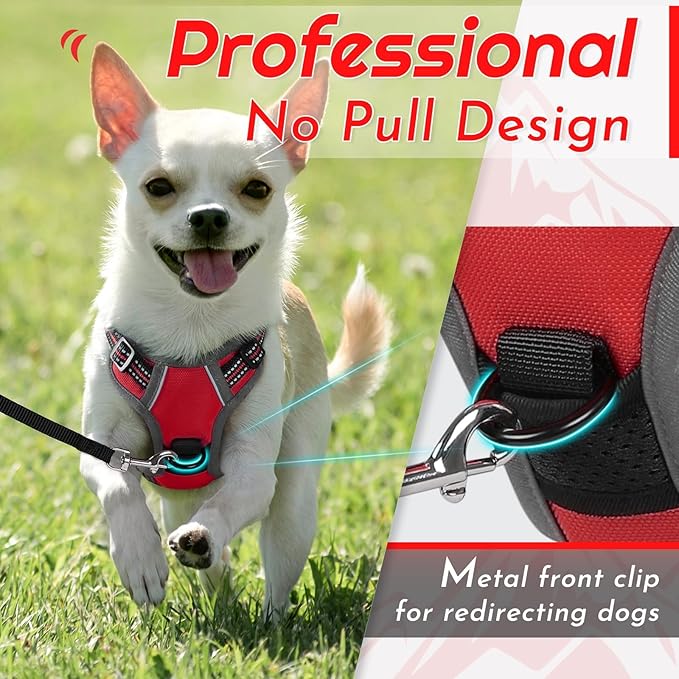 Eagloo Small Dog Harness No Pull, Service Vest with Reflective Strips and Control Handle, Adjustable and Comfortable for Easy Walking, No Choke Pet Harness with 2 Metal Rings, Red, XS