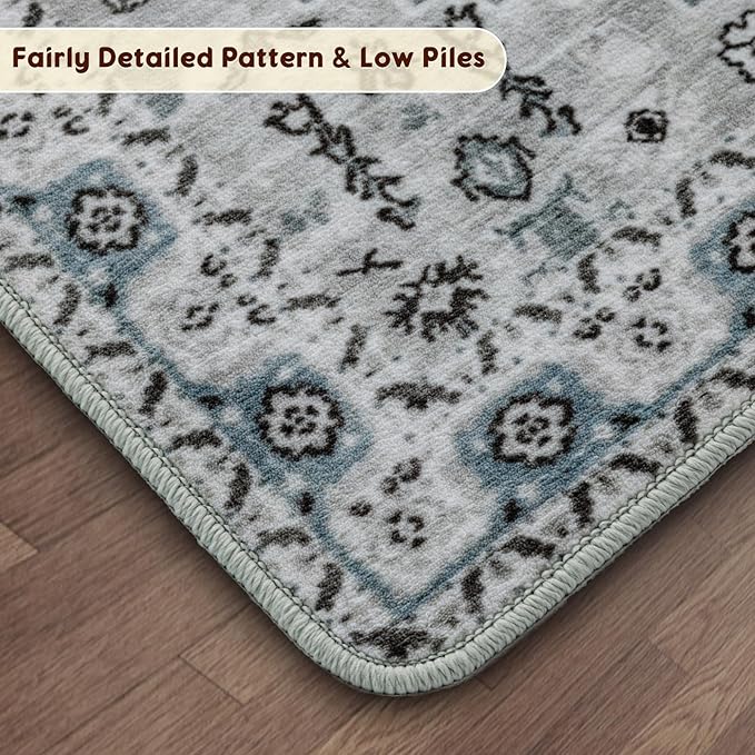 LBRO2M Boho Area Rug 5X7 Washable Rugs for Bedroom Low Piles Indoor Carpet, Non Slip Soft Rug for Living Room, Dining Room, Rug Foldable Pet Friendly Area Rugs Stain Resistant (5'X7' Dusty Blue)