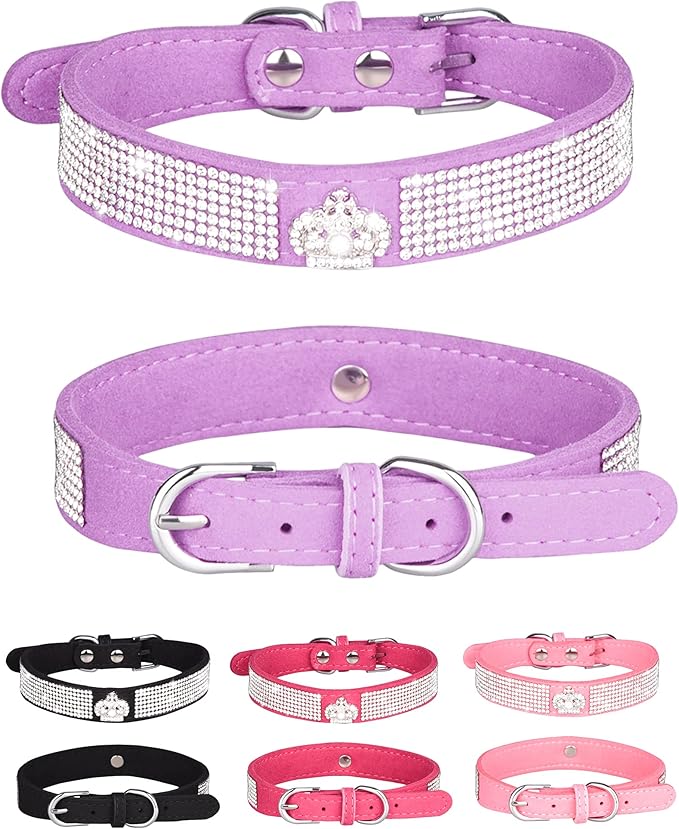 Dog Collar for Small Dogs, Adjustable Leather Suede Bling Dog Collars，Pink Dog Collar Cat Collar, Rhinestone Dog Collar (L, purple3)