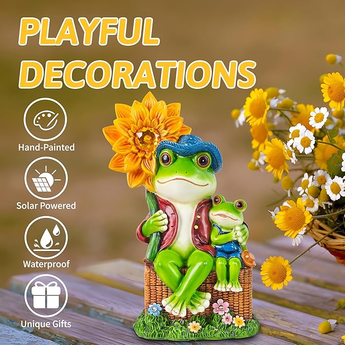 Outdoor Frog Garden Decor: 9'' Yard Decoration with Sunflower Light Funny Solar Frog Gifts for Women Mother's Day Housewarming Gift