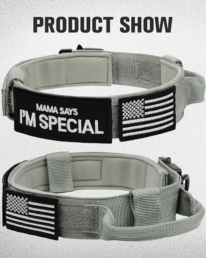 Joytale Tactical Dog Collar with Handle, Adjustable Heavy Duty Military Collar with 2 Patches for Training, Suitable for Large Dogs, Gray, L
