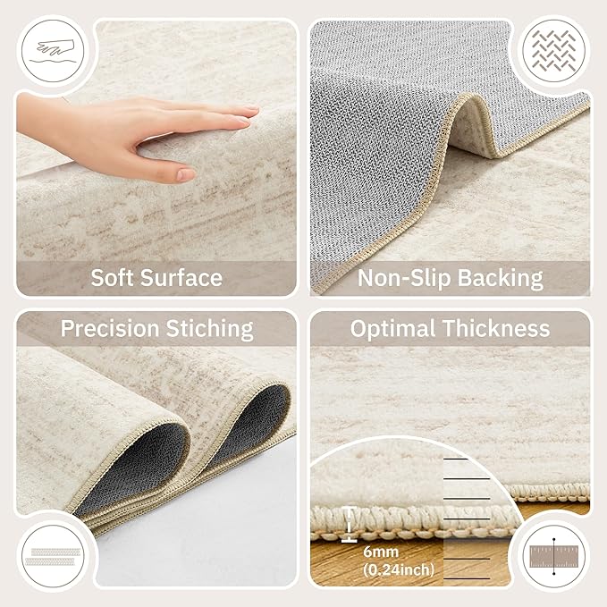 5x7 Area Rugs for Living Room, Washable Non-Slip Low Pile Natural Vintage Floral Rug Soft Throw Carpet for Dining Room Bedroom Home Office Nursery (Beige/Cream, 5'x7')