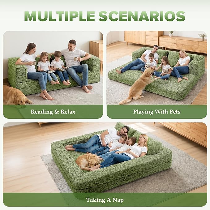 HABUTWAY Convertible Sofa Bed,3-in-1 Folding Futon Sofa Bed with Pillow, Foldable Sleeper Sofa Bed with Removable Cover,Plush Boneless Floor Chair Couch Lounge for Living Room,(Queen,Green)