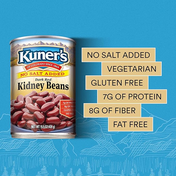Kuner?™s No Salt Added Canned Kidney Beans with FREE Chili Seasoning Mix, Plant Protein and Fiber, Gluten Free, Vegan, Fat Free, 12 Pack of 15.5 oz Cans and Chili Seasoning Packet