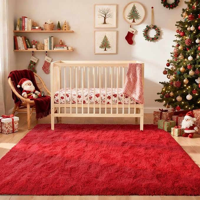 5x7 Ft Red Shag Rugs for Bedroom Living Room Decor, Ultra Soft Fluffy Furry Area Rug for Indoor Floor, Aesthetic Carpet for Home Nursery Dorm Decor