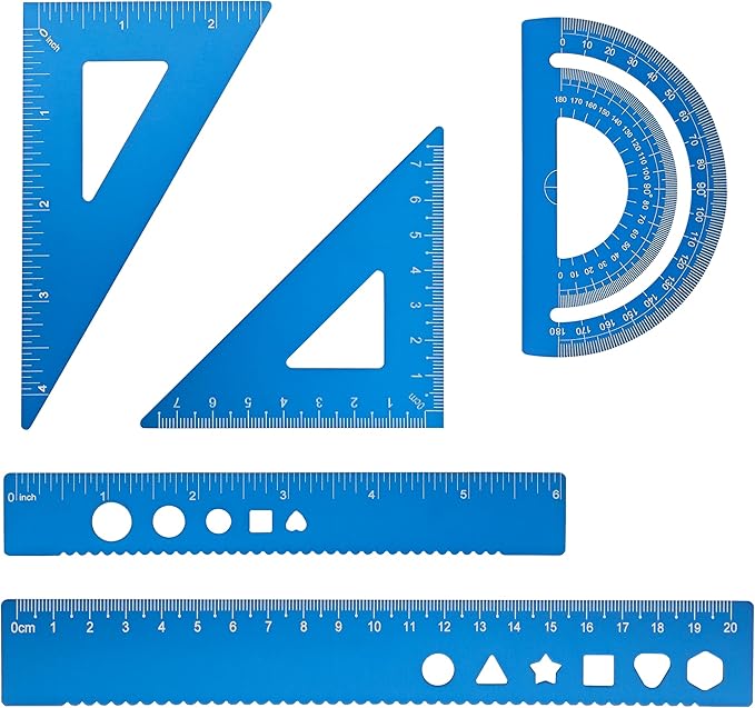 5 Pcs Metal Geometry Set, Math Drafting Ruler Kit- Aluminum Triangle Rulers, Protractor, 8 Inch and 6 Inch Drawing Ruler, Measuring Tool for School and Office Supplies (Blue)