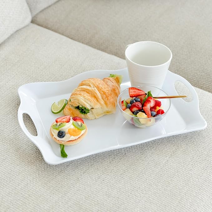 Large Melamine Tray, 17" x 11.5" - White Serving Tray with Handles - Dishwasher Safe - Rectangular Melamine Platter for Meat, Appetizers, Cookies, Grill or Party Snacks - Set of 3