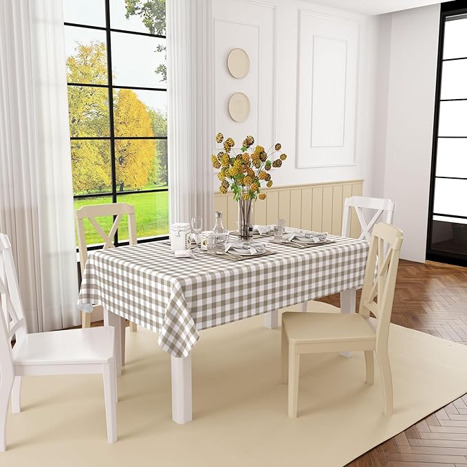 misaya Rectangle Waterproof Vinyl Table Cloth, Buffalo Flannel Backed Tablecloth, Wipeable Plastic Table Cover for Dinner, Kitchen, Outdoor (60" x 84", Khaki and White)