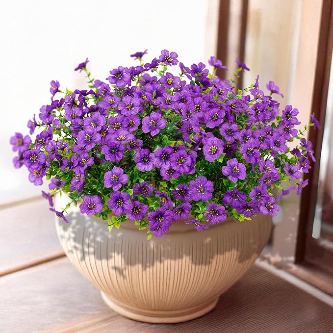 16 Bundles Artificial Flowers Outdoor Spring Summer Decoration Fake Silk Colorful Daisy Eucalyptus Realistic UV Resistant Outside Faux Plants for Garden Porch Window Box Home Decor (Purple)