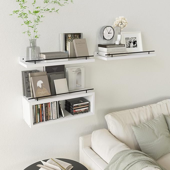WOPITUES Floating Shelves for Wall with Cube Shelf, Wall Shelves with Metal Rail for Decor, Bathroom Organizers and Storage, Over Toilet Shelves for Bathroom, Toilet Paper-White