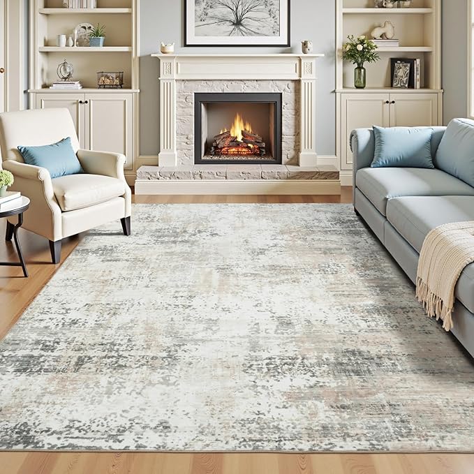 6x9 Abstract Rugs for Bedroom, Neutral Area Rug with Non-Slip Rubber Backing, Machine Washable Modern Carpet for Living Room Dorm Office Decor, Soft Low Pile Stain Resistant Cream Beige