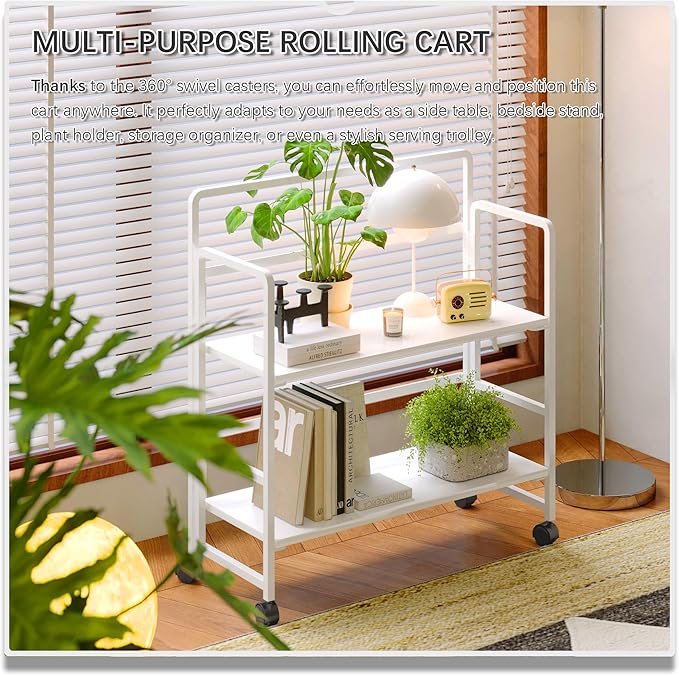 4NM 2 Tiers No-Assembly Folding Bookshelf with Wheels, Portable Rolling Storage Foldable Bookcase & Compact Side Table for Living Room, Bedroom, Kitchen, Bathroom (All White)