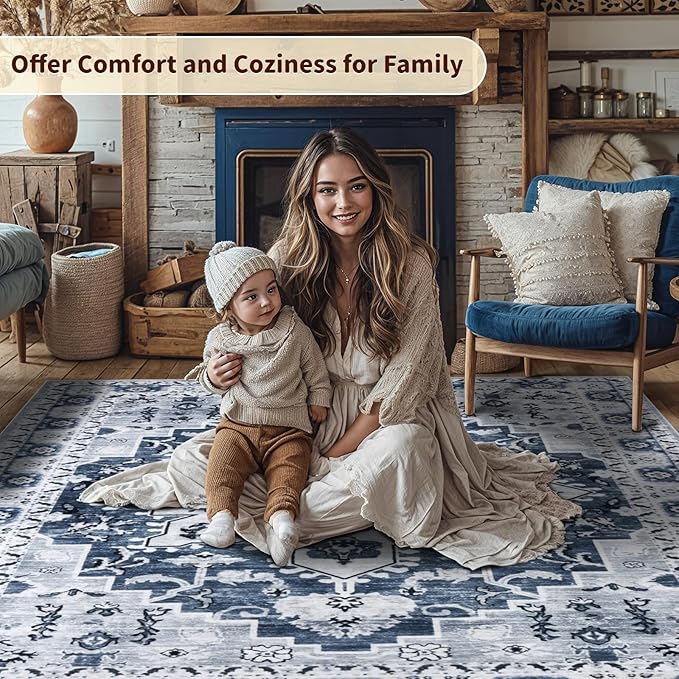 LBRO2M Boho Area Rug 5X7 Washable Rugs for Bedroom Low Piles Indoor Rugs, Non Slip Soft Carpet for Living Room, Dining Room, Blue Rug Foldable Pet Friendly Area Rugs Stain Resistant (5'X7' Light Blue)