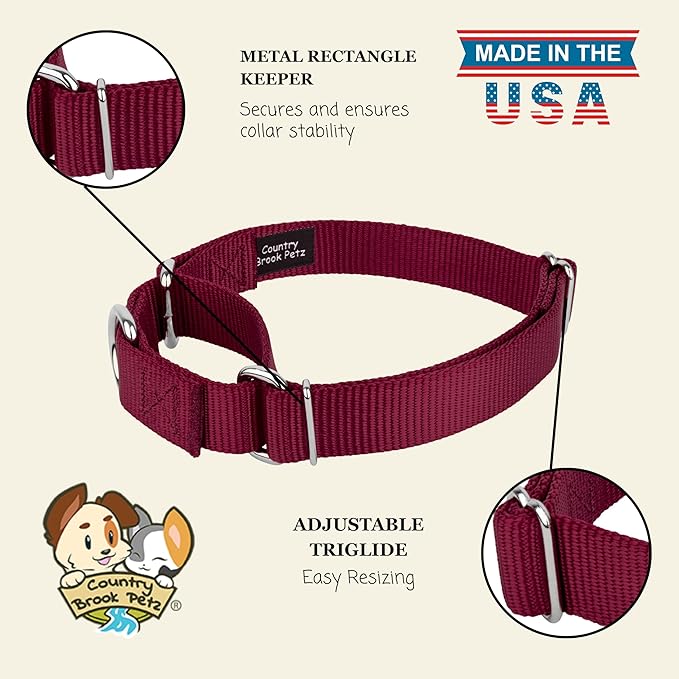 Country Brook Petz - Martingale Dog Collar - Heavy-Duty Training Collar with No Buckle - Service Dog Collar for All Pups - 10+ Warm Colors (Burgundy, 1 Inch, Large)