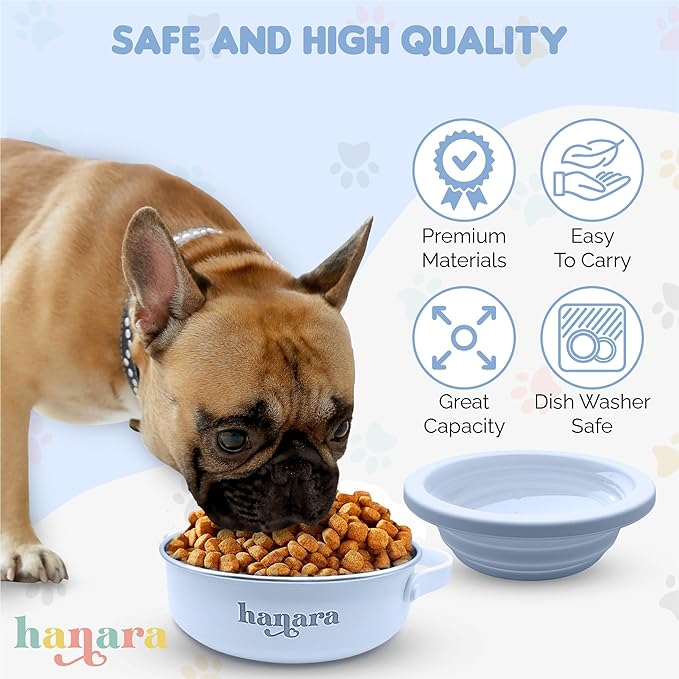 HANARA 2-in-1 Insulated Dog Bowl with Collapsible Lid & Handle ??Stainless Steel, Non-Slip Rubber Base ??Portable Pet Water & Food Bowl for Dogs & Cats ??30 OZ + 20 OZ ??Indoor & Outdoor (Blue)