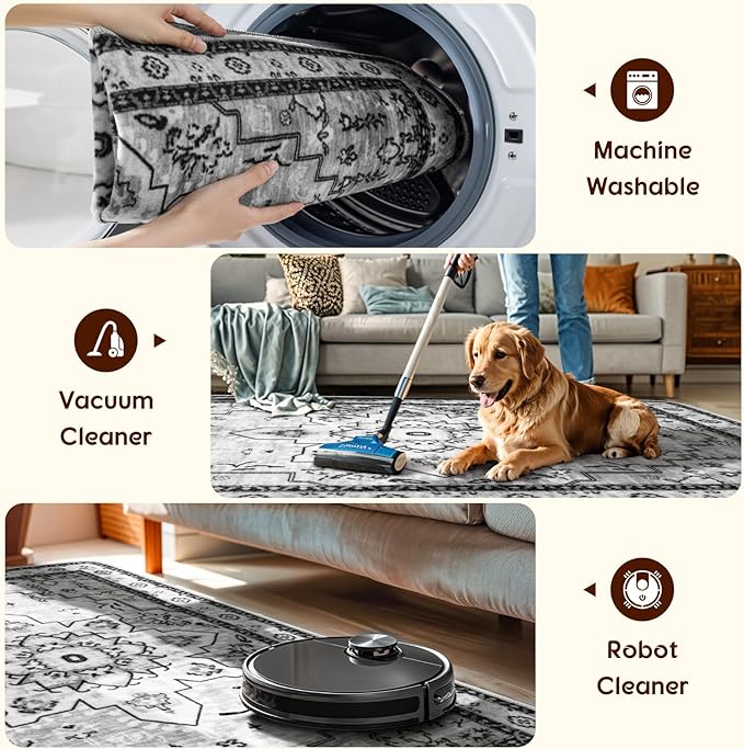 LBRO2M Boho 4X6 Rug Washable Rugs for Bedroom Non Slip Indoor Rug, Soft Low Piles Rugs Gray Foldable Carpet for Living Room Pet Friendly Area Rug Stain Resistant (4'X6' Light Gray)