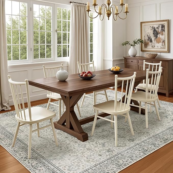 Washable Area Rugs 5x7 Floral Beige, Indoor Rug for Living Room Bedroom, Traditional Farmhouse Carpet for Dining Room, Cream White