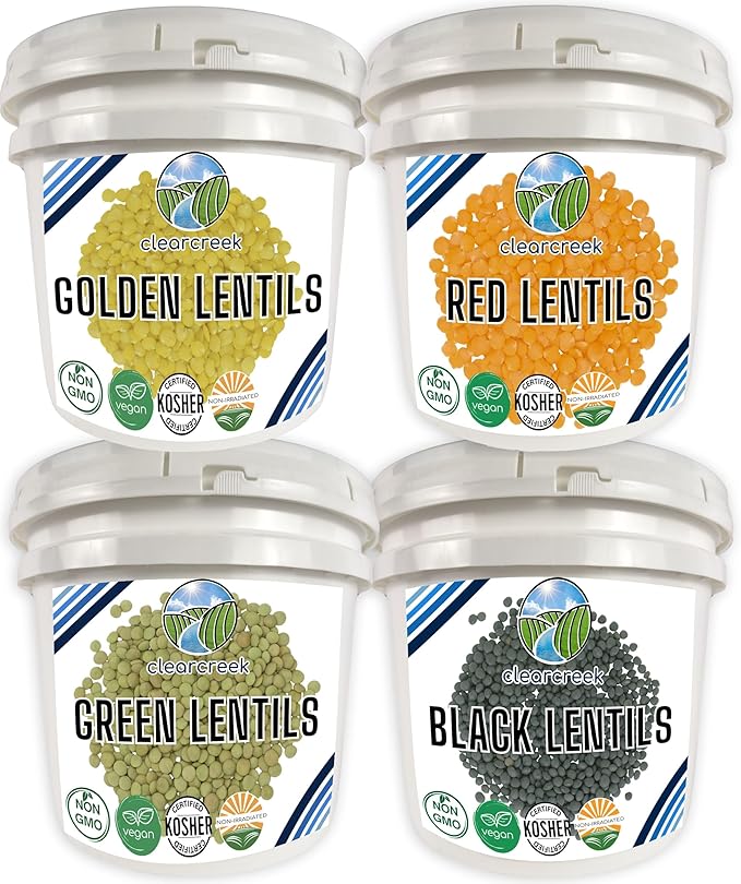 Clear Creek 100 LB Lentil Bundle: Beluga Lentils, Gold Lentils, Green Lentils, Red Lentils in 25 LB Buckets