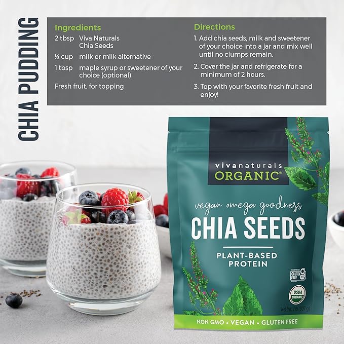 Viva Naturals Organic Chia Seeds, 2 lb (907 g) – Plant-Based Omega-3 and Vegan Protein, Gluten Free & Non-GMO, Perfect for Smoothies, Salads & Chia Pudding