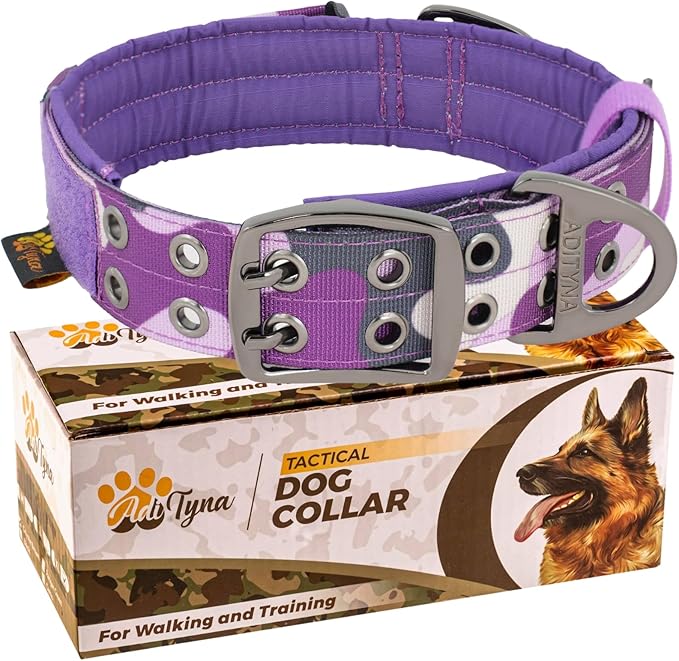 ADITYNA Heavy Duty Dog Collar for Extra-Large Dogs - Camo Purple Collar with Handle for Training, and Walking - Wide, Thick, Tactical, Soft Neoprene Padded