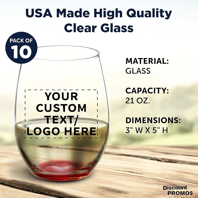 DISCOUNT PROMOS 10 ARC Stemless Wine Glasses Set, 21 oz. - Customizable Text, Logo - Chardonnay, Cabernet, Merlot, Sauvignon - Red