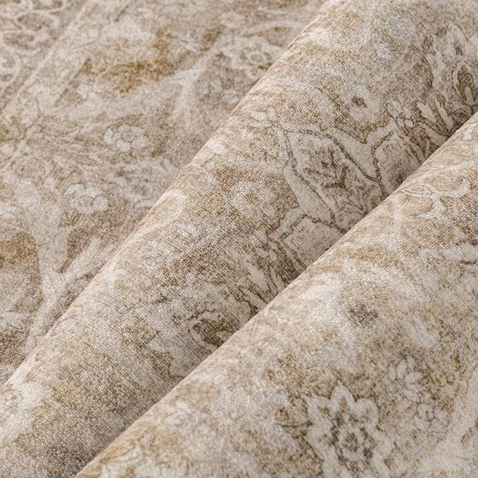 Brown 8x10 Area Rug Washable Living Room Vintage Carpet Bedroom Large Indoor Non Slip Soft Low Pile Thin Stain Resistant Distressed Accent Throw Rug for Dining Office Nursery
