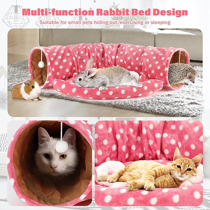 BWOGUE Bunny Tunnel Bed, 2-in-1 Collapsible Tunnel Tubes Toys with Removable Mat Hideout for Cats Kittens Rabbits Guinea Pigs Kitty