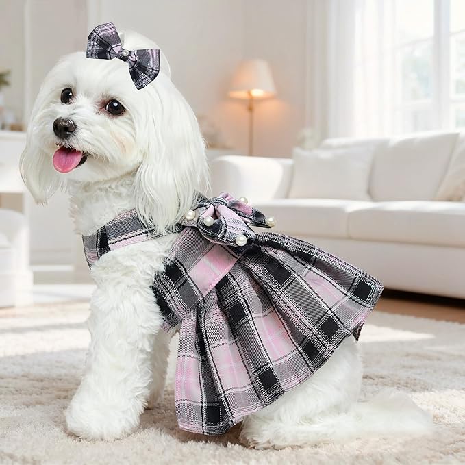 Dog Dress Bowknot Harness Leash Set for Small Dogs Girl Cute Plaid Dog Dress Pearls Bow Tie Spring Summer Princess Clothes Birthday Holiday Doggie Outfits for Puppy Cats Girl Apparel (Red, Medium)