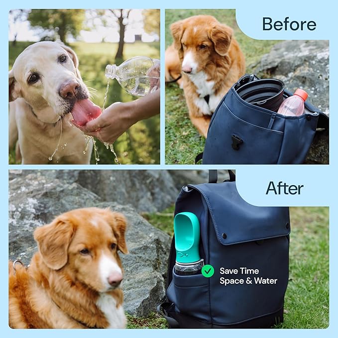 MalsiPree Dog Water Bottle Dispenser - 12 oz Blue - Leak-Proof Lock & One-Hand Operation - Dog Water Bowl Dispenser - Pet Travel Bottle with Built-in Bowl