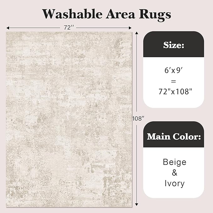 Art&Tuft Washable Rug, Anti-Slip Backing Abstract 6x9 Rug, Stain Resistant Rugs for Living Room, Foldable Machine Washable Area Rug (TPR53-Beige, 6'x9')