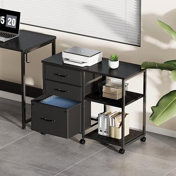 3 Drawer File Cabinet with Wheels Rolling Printer Stand with Open Storage Shelf Fabric Lateral Filing Cabinet for Home Office,Black