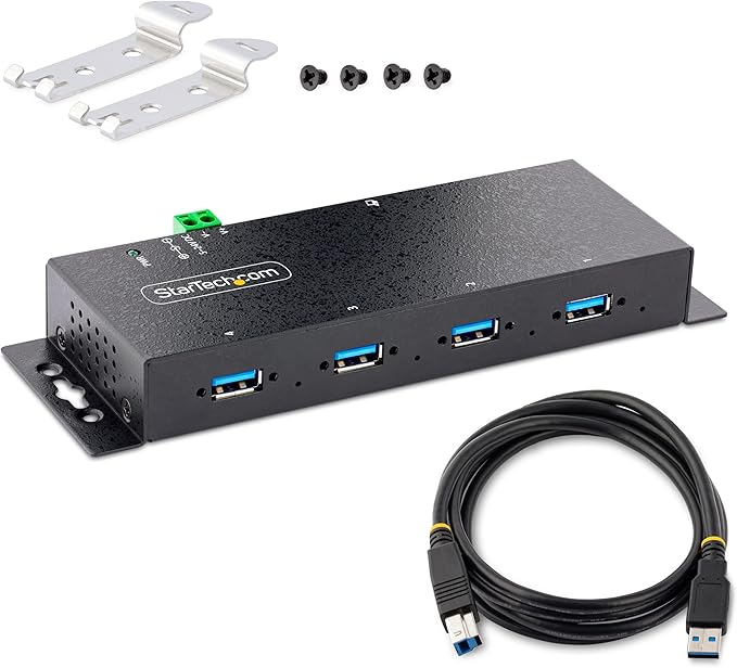 StarTech.com 4-Port Industrial USB 3.0 5Gbps Hub, Rugged USB Hub with ESD Protection, DIN/Wall/Desk Mountable USB-A Hub, USB Expander w/Locking Ports, Heavy Duty - TAA