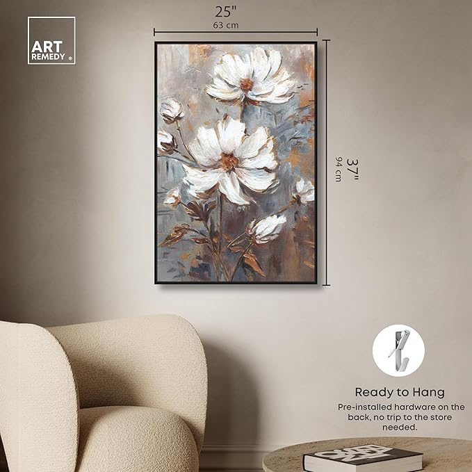 Art Remedy White Textured Flowers Canvas Elegant Floral Wall Art, Black Frame, 24" x 36"