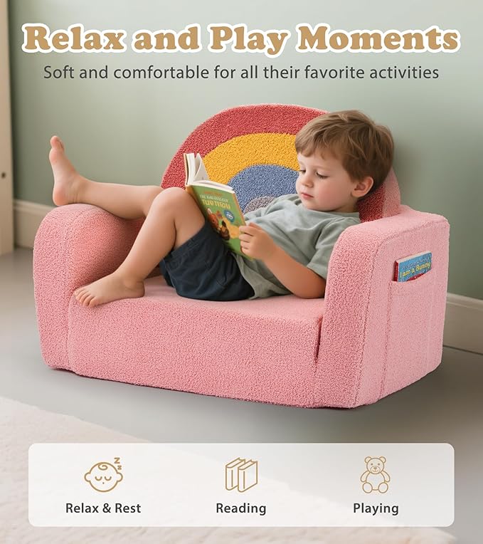 Kids Couch, 2-in-1 Soft Toddler Couch Fold Out with Blanket, Comfy Toddler Chair, Convertible Sofa to Lounger, Convertible Sofa to Lounger, Gifts for Kids Girl Boys, Medium Colorful Pink Rainbow
