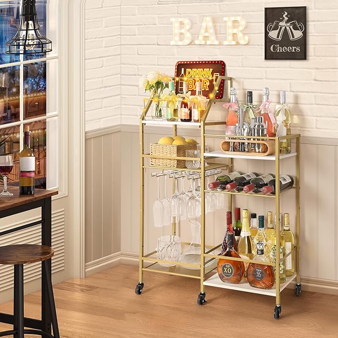 VINAEMO Gold Bar Cart With Wine Glass Holder, Stand for Home, Small Mini Bar for Whiskey Wine, Liquor Cart, Alcohol Cabinet for Kitchen, Dining Room