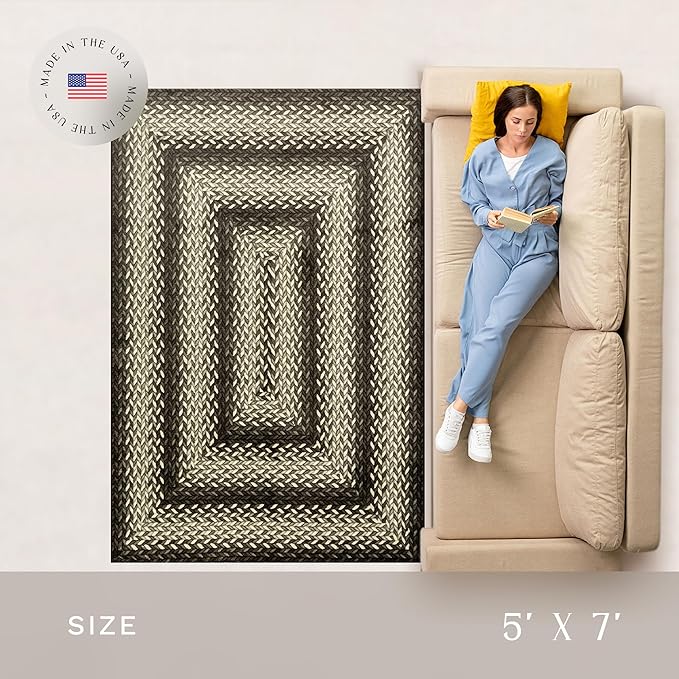 Maples Rugs Marion Bohemian Braided-Style Print Area Rug ??Made in USA ??Washable, Non-Slip Low-Profile Indoor Throw Rug for Foyer, Kitchen & Bathroom, 34" x 20", Black