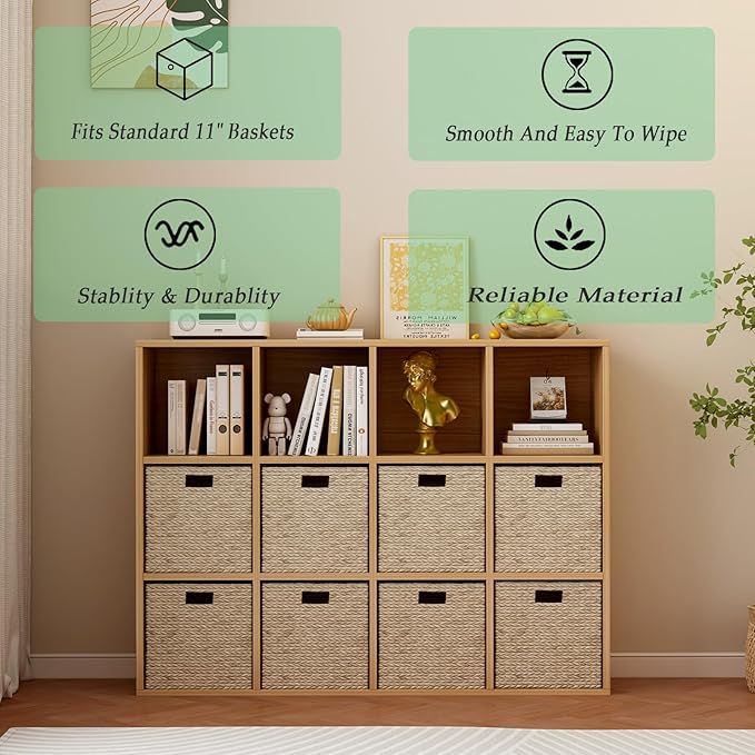12-Cube Storage Shelf Bookcase - Wooden 3-Tier Floor Standing Open Bookshelf for Home and Office, Display Cabinet, Oak