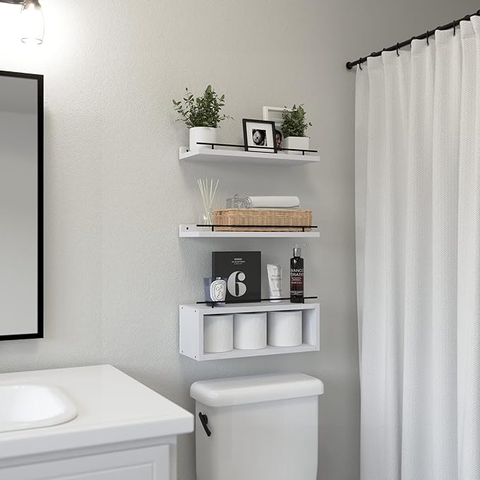 WOPITUES Floating Shelves for Wall with Cube Shelf, Wall Shelves with Metal Rail for Decor, Bathroom Organizers and Storage, Over Toilet Shelves for Bathroom, Toilet Paper-White