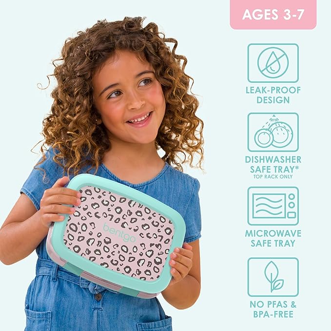 Bentgo Kids Prints Leak-Proof, 5-Compartment Bento-Style Kids Lunch Box - Ideal Portion Sizes for Ages 3-7, Durable, Drop-Proof, Dishwasher Safe, & PFAS & BPA-Free Materials (Leopard)
