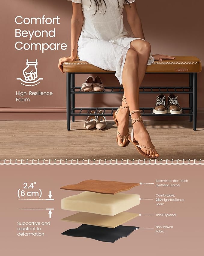 VASAGLE EKHO Collection - Shoe Rack Bench, Storage Bench for Entryway, Synthetic Leather with Stitching, Mid-Century Modern, Loads 300 lb, 11.8 x 39.4 x 19.7 Inches, Caramel Brown ULSB113K01