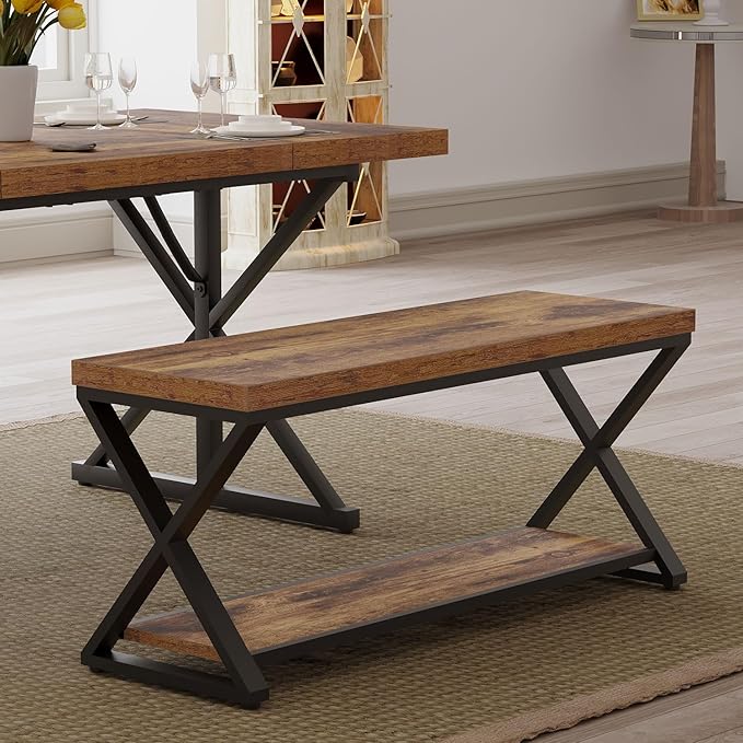 IBF Wooden Bench Indoor, Wood Entry Way Bench with Shoe Storage Rack for Entryway, Industrial Entryway Bench Seat for Foyer Bedroom Living Room Entrance Organization, Rustic Brown Oak, 39 Inch Long