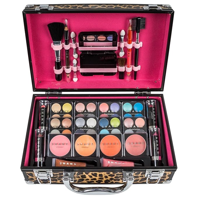 SHANY Carry All Make up Train Case with Pro Makeup Set, Beauty Brushes, Lipsticks, Eye Shadows, Blushes, Powders, and more - Reusable Cosmetics Storage Organizer - Premium Gift Packaging - Leopard