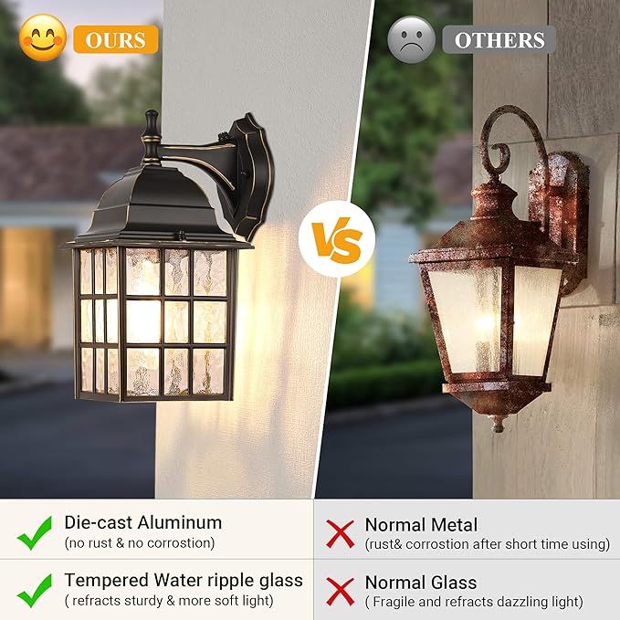 Black Dusk to Dawn Outdoor Lights for House with Gold Rim, Sensor Exterior Lighting Fixtures Wall Mount, Waterproof Porch Lights, Wall Lantern Lamp, Outside Sconce for Front Door, Garage 2 Pack