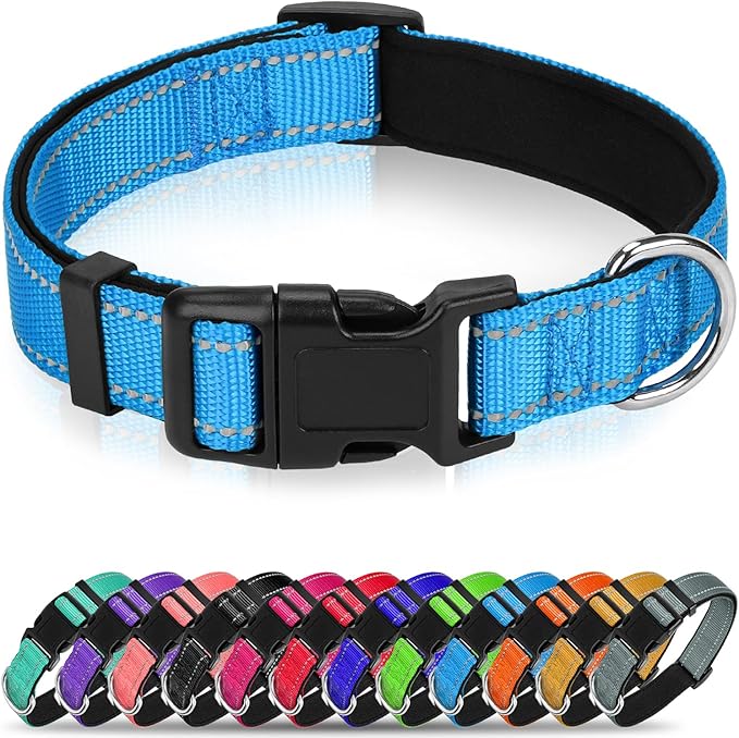 Reflective Dog Collar for Mediunm Dogs, Adjustable Collar with Soft Neoprene Padded, Durable Buckle for Daily Walking,Aqua Blue,M, 1" Width