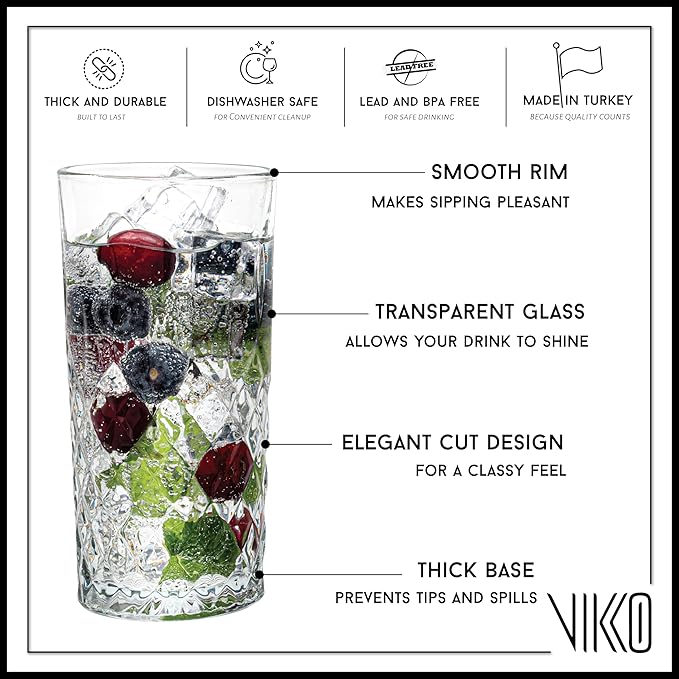 Vikko Drinking Glass, Set of 12 Crystal Style Tall Beverage Glasses, 12.25 Ounce Old Fashioned Highball Glasses, Dishwasher Safe Textured Collins Glass