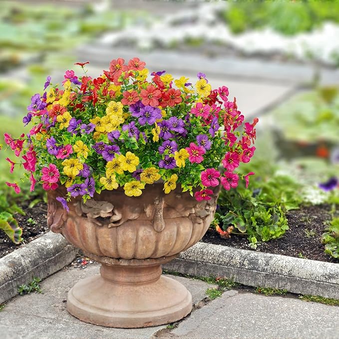 16 Bundles Artificial Flowers Outdoor Spring Summer Decoration Fake Silk Colorful Daisy Eucalyptus Realistic UV Outside Faux Plants for Garden Porch Window Box Home Decor(Red Yellow Pink Purple)